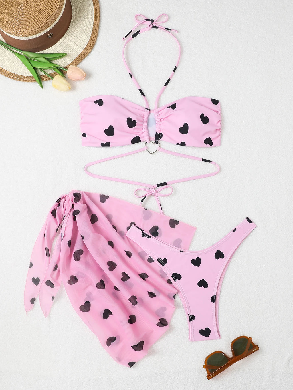 3 Pieces Heart Print Halter Bikini Swimsuit & Beach Skirt Sexy Swimwear Women 2026 Bathing Suit Female Swimming Summer Beachwear