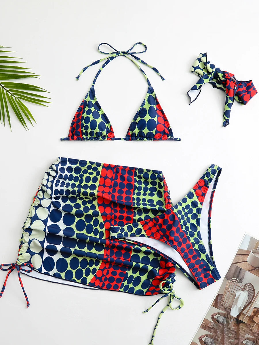 4 Pieces Random Dot Print Tie Side Halter Bikinis Swimsuit & Beach Skirt Sexy Swimwear Women 2026 Bathing Swimming Suit Female
