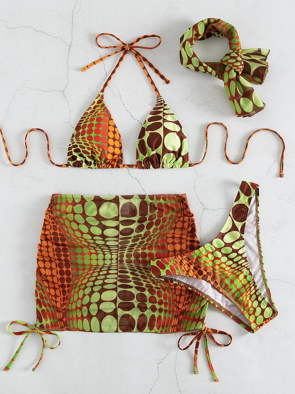 4 Pieces Random Dot Print Tie Side Halter Bikinis Swimsuit & Beach Skirt Sexy Swimwear Women 2026 Bathing Swimming Suit Female