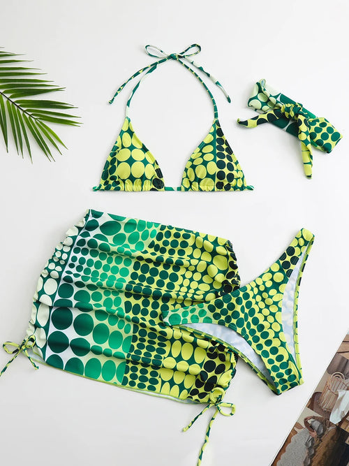 4 Pieces Random Dot Print Tie Side Halter Bikinis Swimsuit & Beach Skirt Sexy Swimwear Women 2026 Bathing Swimming Suit Female