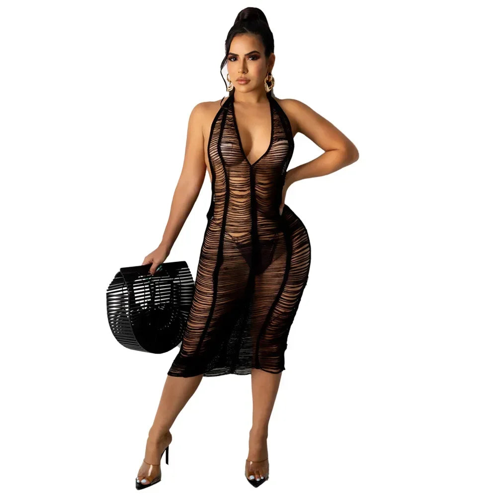 Sexy Hollow Out Crochet Knitted Beach Dress Women Summer Vacation Outfits 2021 Open Back Halter Midi Dresses D48-DA23