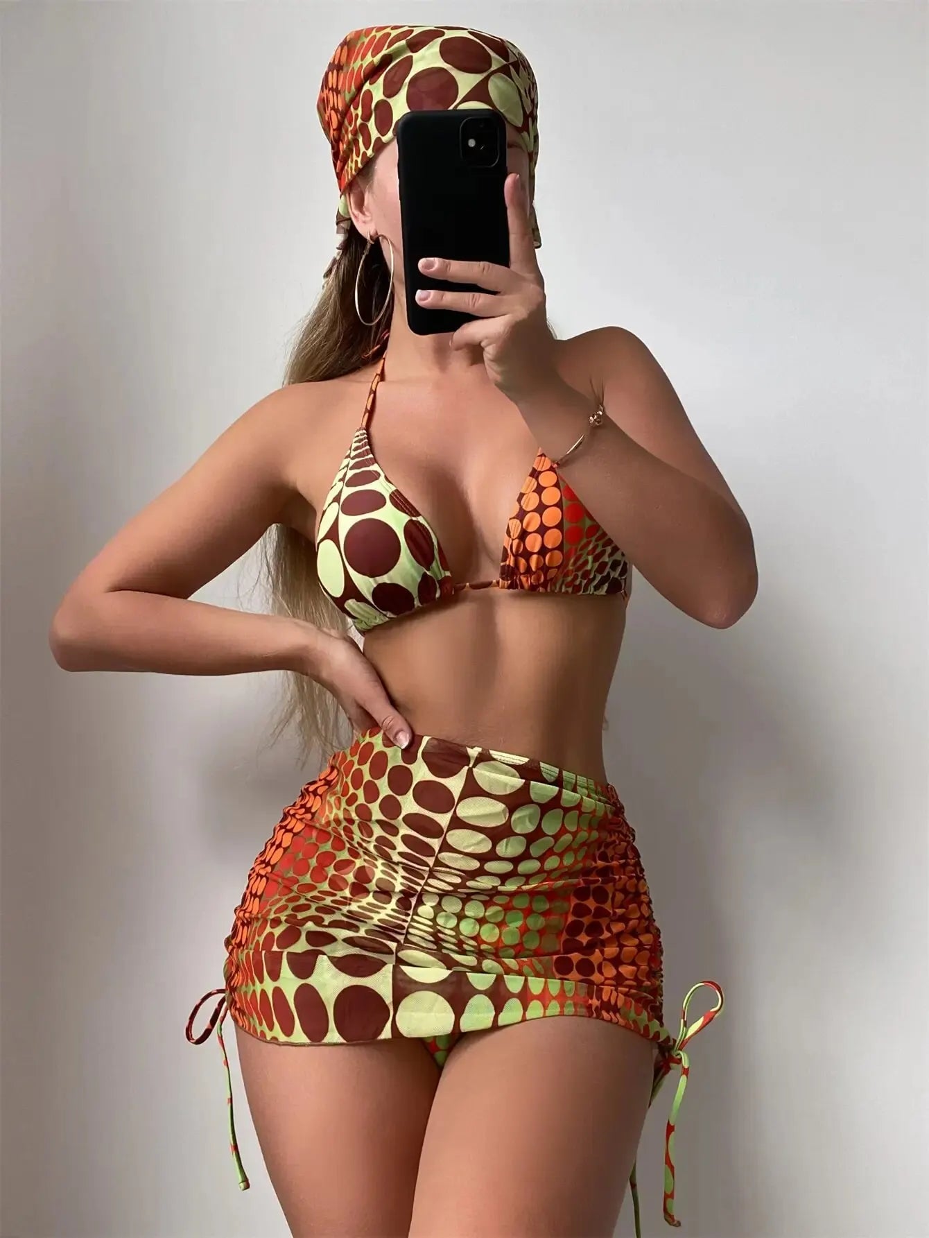 4 Pieces Random Dot Print Tie Side Halter Bikinis Swimsuit & Beach Skirt Sexy Swimwear Women 2026 Bathing Swimming Suit Female