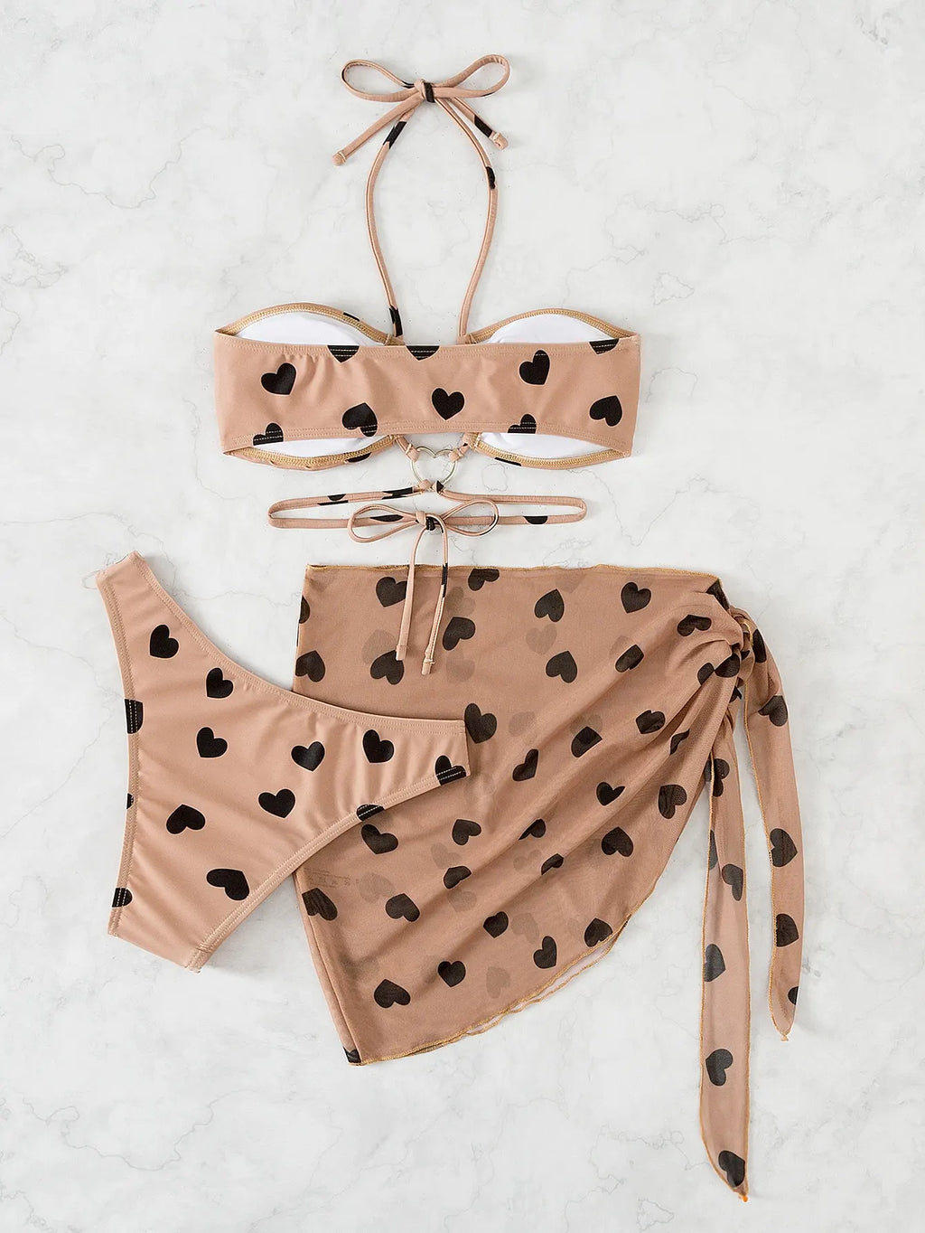 3 Pieces Heart Print Halter Bikini Swimsuit & Beach Skirt Sexy Swimwear Women 2026 Bathing Suit Female Swimming Summer Beachwear