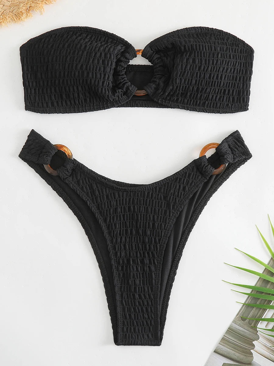 Ring Link Bandeau Bikini 2026 Women Brazilian Swimwear Female Sexy Swimsuit Solid Beachwear Bathers Bathing Swimming Swim Suit