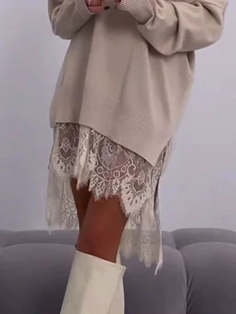 Women Top 2025 New Autumn Clothing Fashion Lace Slit Mid-Length Sweatshirt Casual Loose Pullover Sweatshirt for Women Streetwear